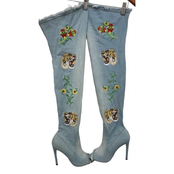 Cape Robbin Denim Tiger Boots Denim 9M 9 Medium Embroidery Fringe Knee High S5 - Picture 1 of 12